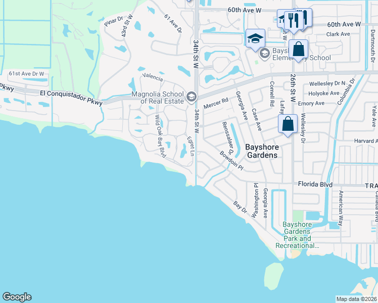 map of restaurants, bars, coffee shops, grocery stores, and more near 6439 34th Street West in Bradenton