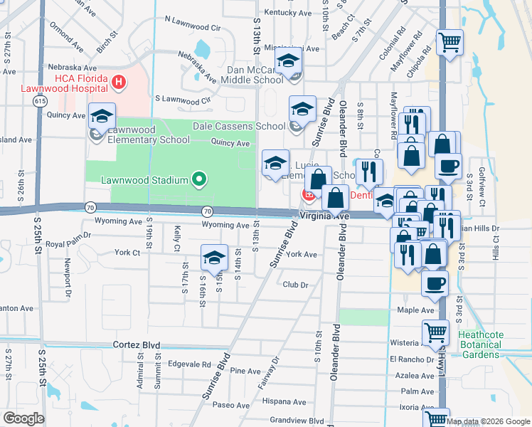 map of restaurants, bars, coffee shops, grocery stores, and more near 1187 Virginia Avenue in Fort Pierce