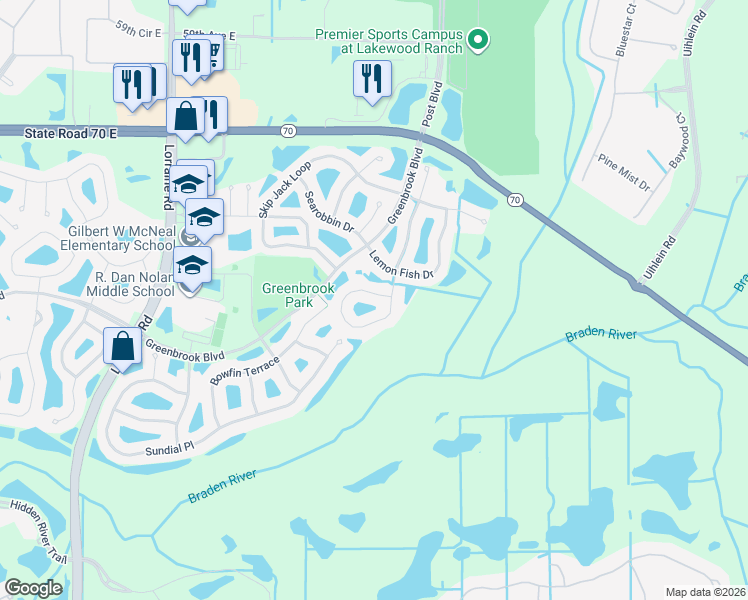 map of restaurants, bars, coffee shops, grocery stores, and more near 15214 Blue Fish Circle in Lakewood Ranch