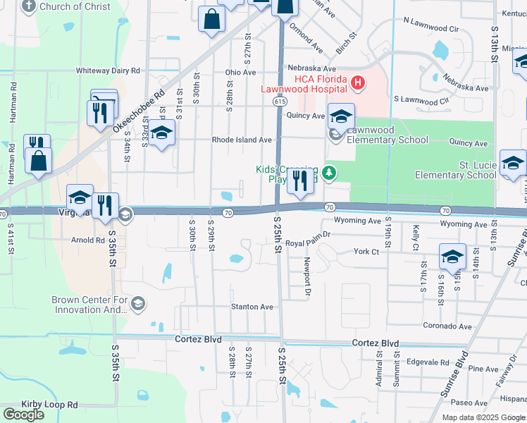 map of restaurants, bars, coffee shops, grocery stores, and more near 2707 Virginia Avenue in Fort Pierce