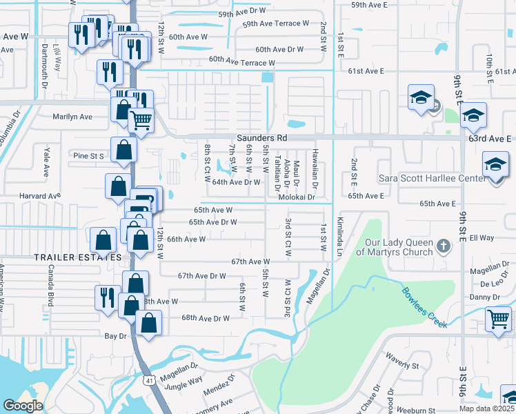 map of restaurants, bars, coffee shops, grocery stores, and more near 504 64th Avenue Drive West in Bradenton