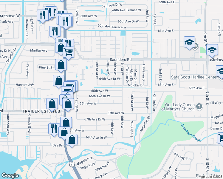 map of restaurants, bars, coffee shops, grocery stores, and more near 615 64th Avenue Terrace West in Bradenton