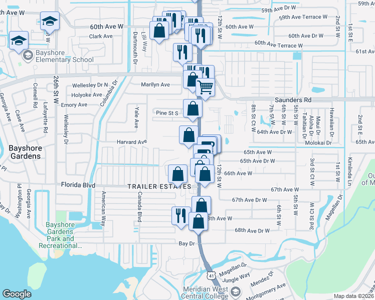 map of restaurants, bars, coffee shops, grocery stores, and more near 6430 14th St W in Bradenton