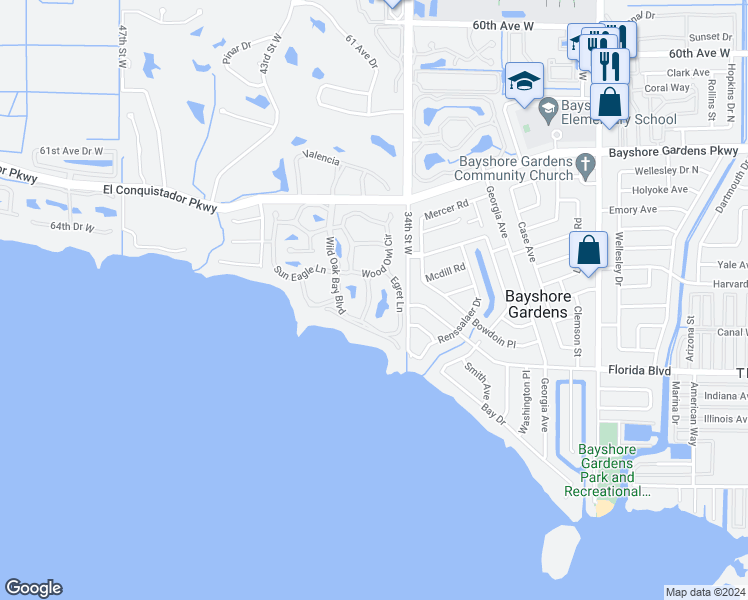 map of restaurants, bars, coffee shops, grocery stores, and more near 322 Seagull Drive in Bradenton