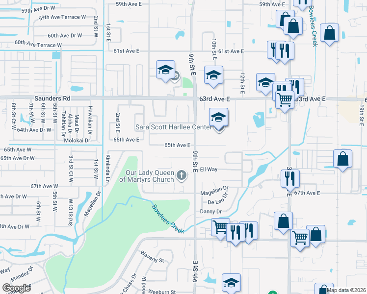 map of restaurants, bars, coffee shops, grocery stores, and more near 722 65th Avenue East in Bradenton