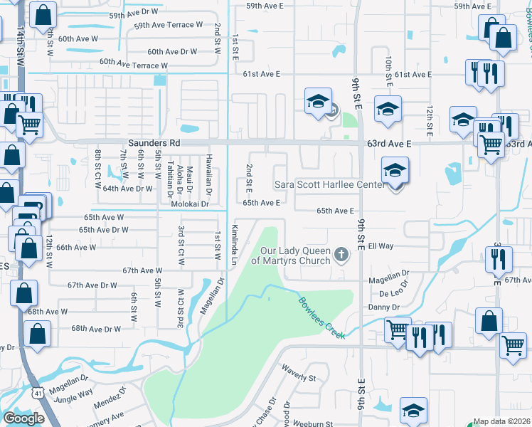 map of restaurants, bars, coffee shops, grocery stores, and more near 318 65th Avenue East in Bradenton