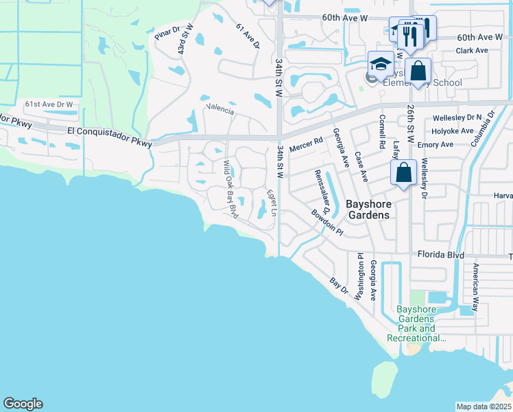 map of restaurants, bars, coffee shops, grocery stores, and more near 322 Seagull Drive in Bradenton