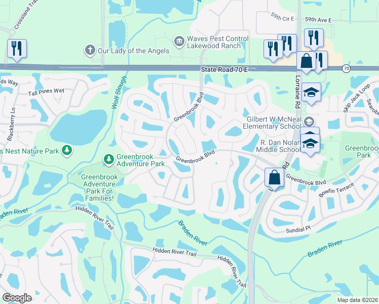 map of restaurants, bars, coffee shops, grocery stores, and more near 6518 Blue Grosbeak Circle in Lakewood Ranch