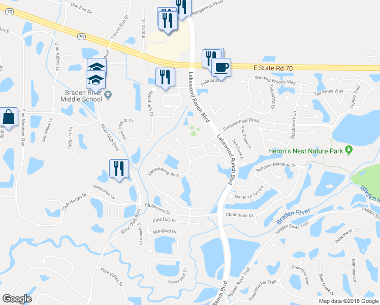 map of restaurants, bars, coffee shops, grocery stores, and more near 6407 Meandering Way in Bradenton