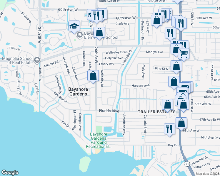 map of restaurants, bars, coffee shops, grocery stores, and more near 2301 Georgetown Road in Bradenton