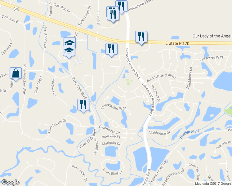 map of restaurants, bars, coffee shops, grocery stores, and more near 11303 Blue Sage Place in Bradenton