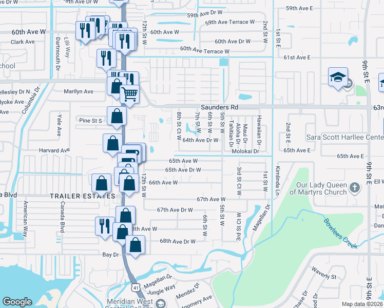 map of restaurants, bars, coffee shops, grocery stores, and more near 808 64th Avenue Terrace West in Bradenton