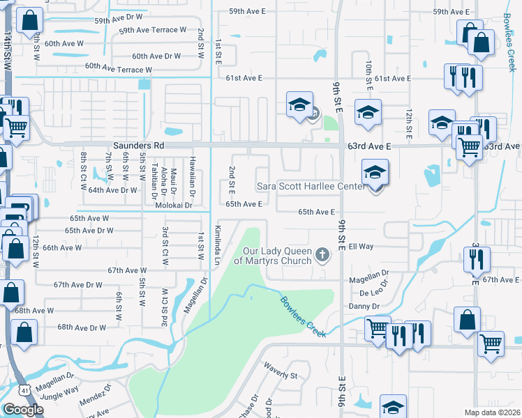 map of restaurants, bars, coffee shops, grocery stores, and more near 318 65th Avenue East in Bradenton