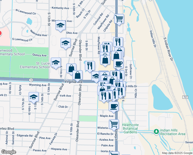 map of restaurants, bars, coffee shops, grocery stores, and more near 700 Virginia Avenue in Fort Pierce
