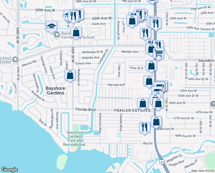 map of restaurants, bars, coffee shops, grocery stores, and more near 2007 Harvard Avenue in Bradenton