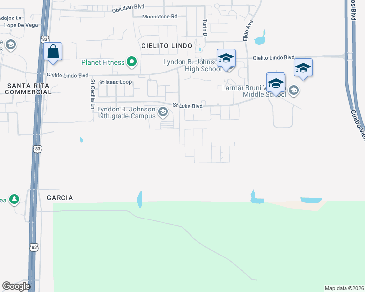 map of restaurants, bars, coffee shops, grocery stores, and more near 5734 Moses Loop in Laredo