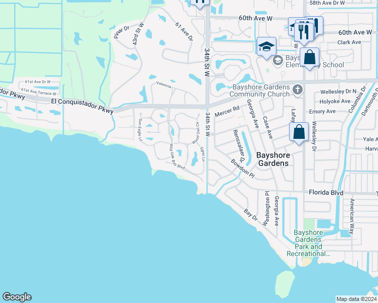 map of restaurants, bars, coffee shops, grocery stores, and more near 322 Seagull Drive in Bradenton