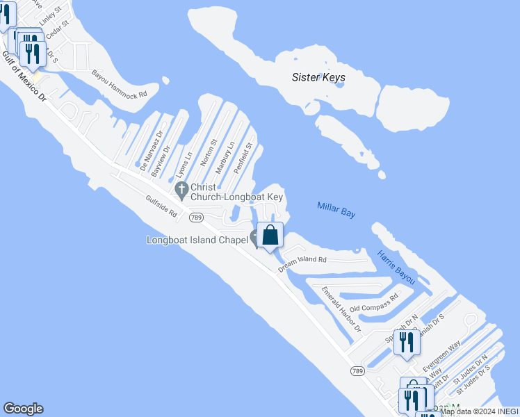 map of restaurants, bars, coffee shops, grocery stores, and more near 700 Hideaway Bay Lane in Longboat Key