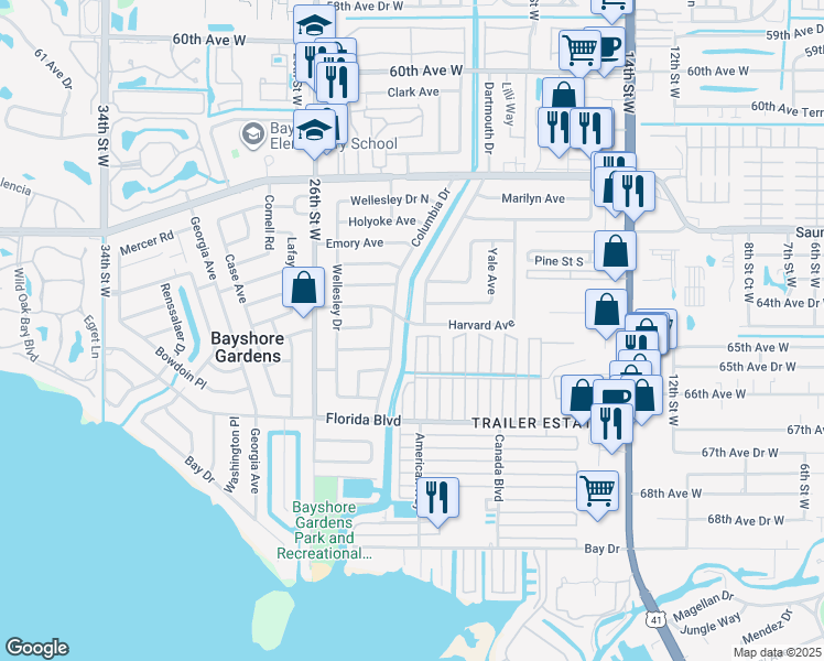 map of restaurants, bars, coffee shops, grocery stores, and more near 2107 Harvard Avenue in Bradenton
