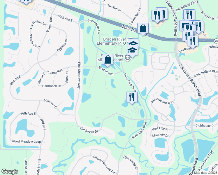 map of restaurants, bars, coffee shops, grocery stores, and more near 6413 Spyglass Lane in Bradenton