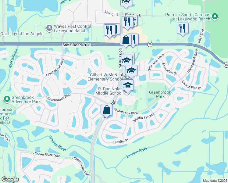 map of restaurants, bars, coffee shops, grocery stores, and more near 14320 Tree Swallow Way in Lakewood Ranch