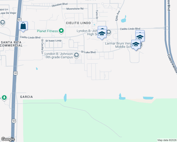 map of restaurants, bars, coffee shops, grocery stores, and more near 5727 Saint Charles Loop in Laredo