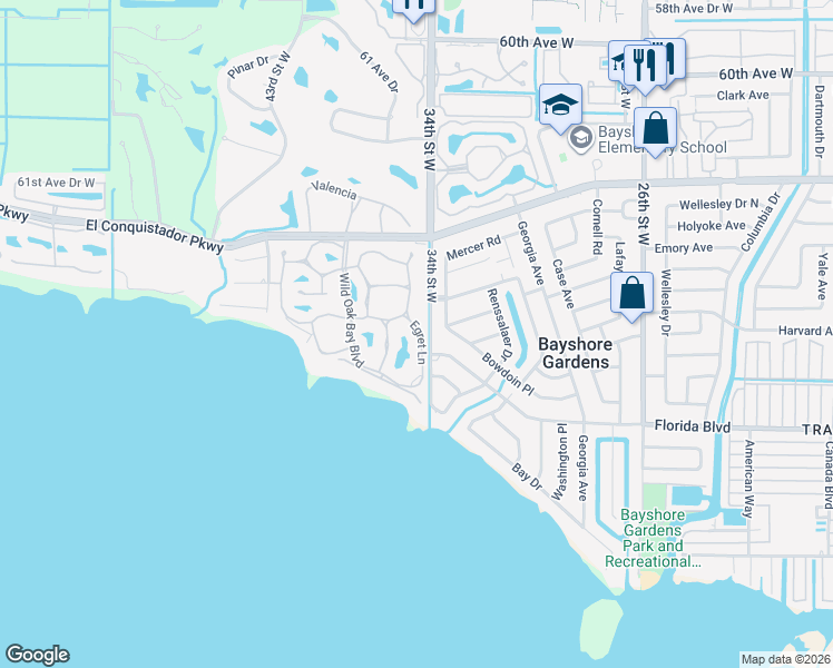 map of restaurants, bars, coffee shops, grocery stores, and more near 6439 34th Street West in Bradenton