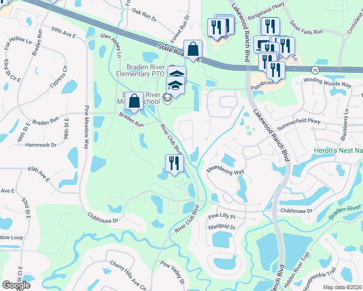 map of restaurants, bars, coffee shops, grocery stores, and more near 10802 Winged Foot Terrace in Bradenton