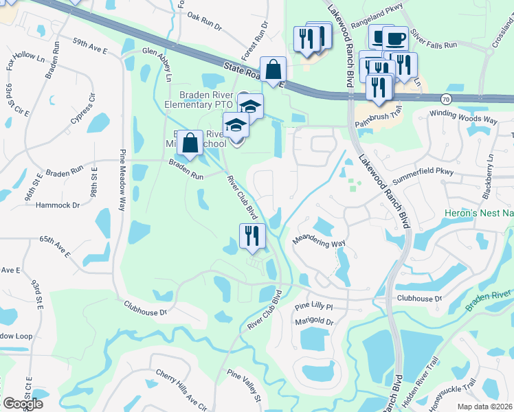 map of restaurants, bars, coffee shops, grocery stores, and more near 10802 Winged Foot Terrace in Bradenton