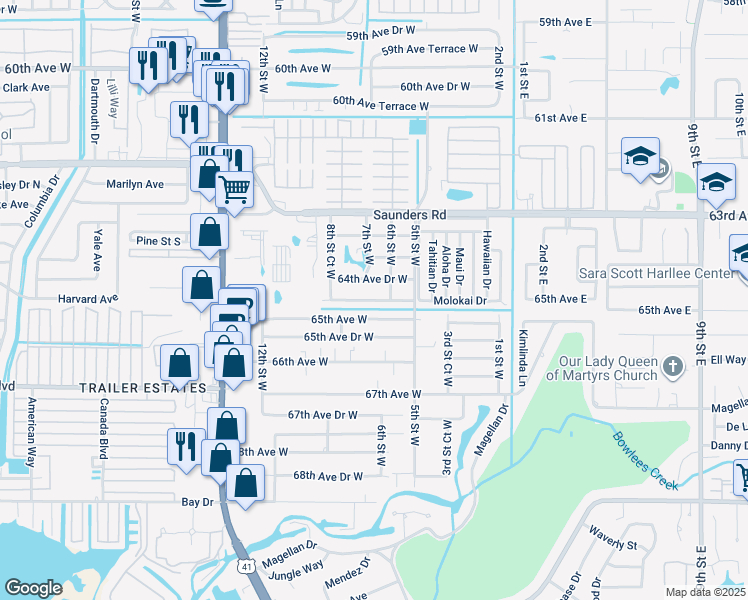 map of restaurants, bars, coffee shops, grocery stores, and more near 615 64th Avenue Terrace West in Bradenton