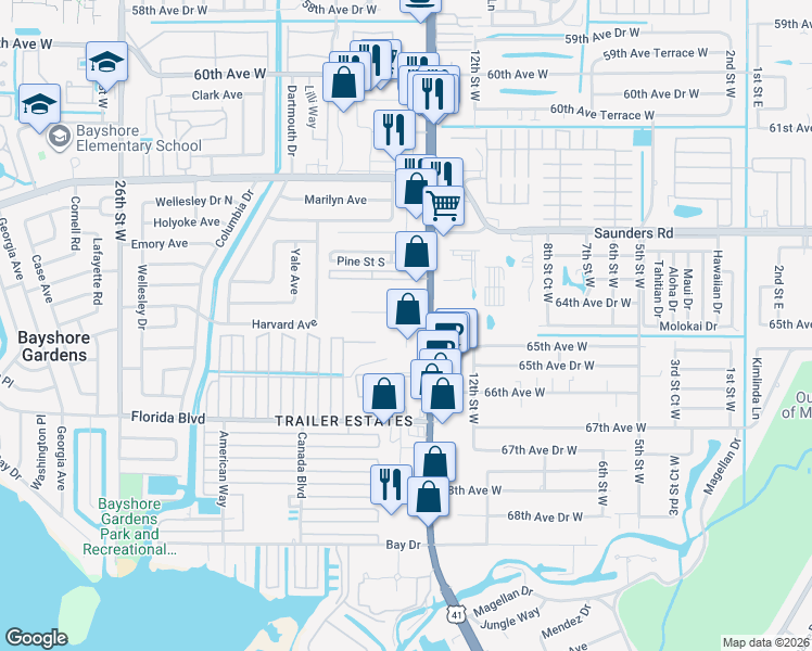 map of restaurants, bars, coffee shops, grocery stores, and more near 6430 14th Street West in Bradenton