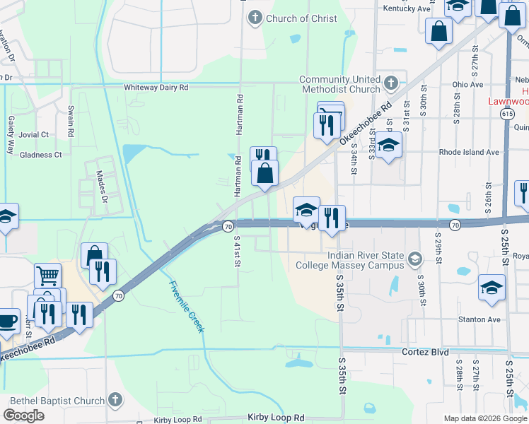 map of restaurants, bars, coffee shops, grocery stores, and more near 2213 South 39th Street in Fort Pierce