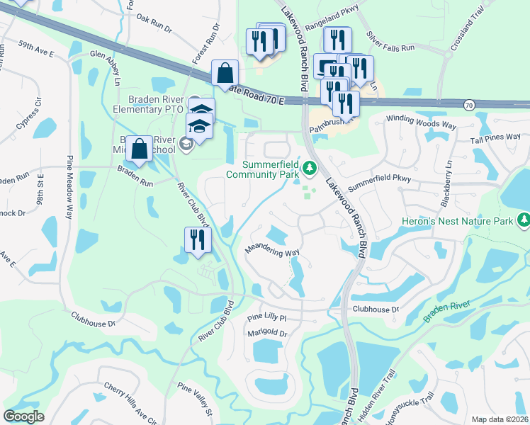 map of restaurants, bars, coffee shops, grocery stores, and more near 11208 Blue Sage Place in Lakewood Ranch