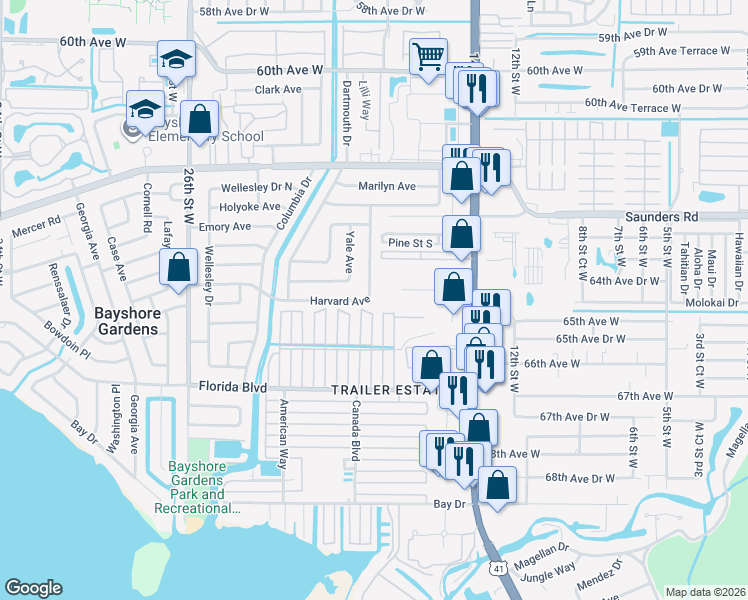map of restaurants, bars, coffee shops, grocery stores, and more near 1001 Harvard Avenue in Bradenton