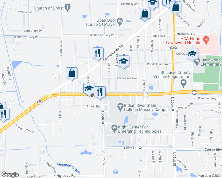 map of restaurants, bars, coffee shops, grocery stores, and more near 2208 South 34th Street in Fort Pierce