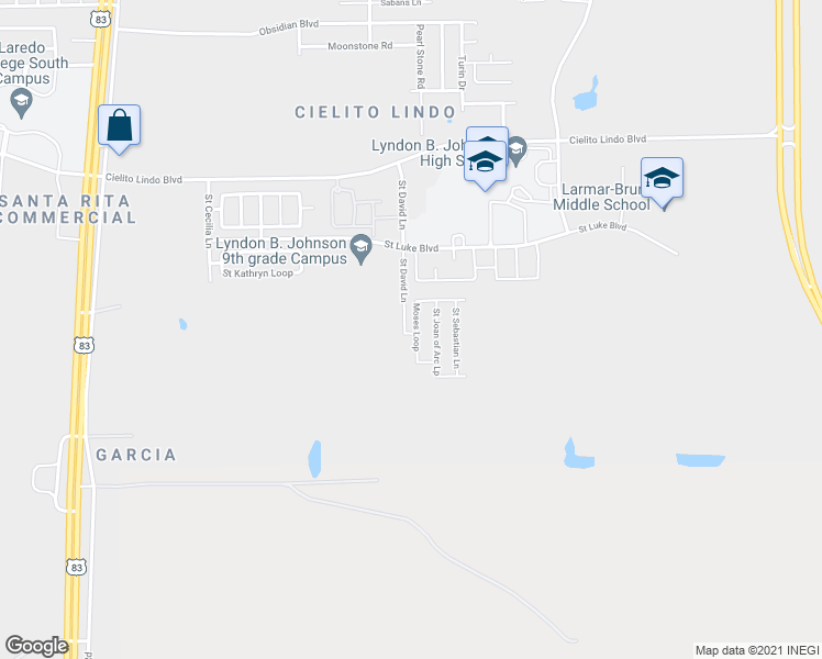 map of restaurants, bars, coffee shops, grocery stores, and more near 5734 Moses Loop in Laredo