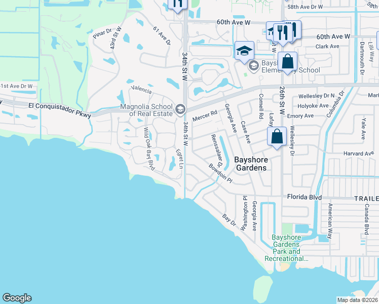 map of restaurants, bars, coffee shops, grocery stores, and more near 6439 34th Street West in Bradenton