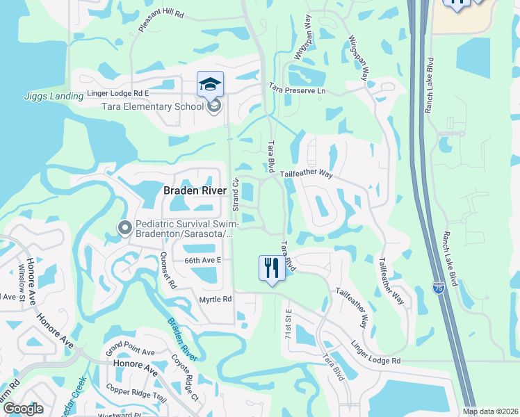 map of restaurants, bars, coffee shops, grocery stores, and more near 6423 Bay Cedar Lane in Bradenton