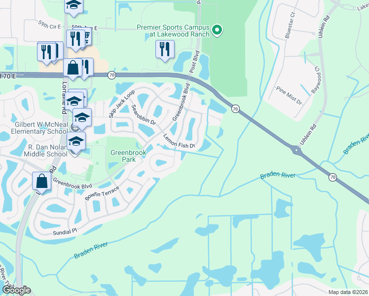 map of restaurants, bars, coffee shops, grocery stores, and more near 15612 Lemon Fish Drive in Lakewood Ranch