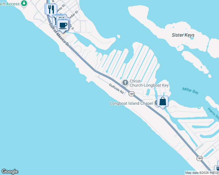 map of restaurants, bars, coffee shops, grocery stores, and more near 6489 Gulfside Road in Longboat Key