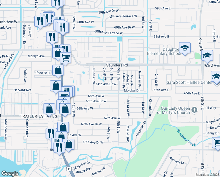 map of restaurants, bars, coffee shops, grocery stores, and more near 615 64th Avenue Terrace West in Bradenton