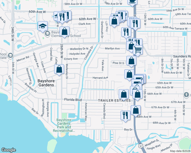 map of restaurants, bars, coffee shops, grocery stores, and more near 2007 Harvard Avenue in Bradenton