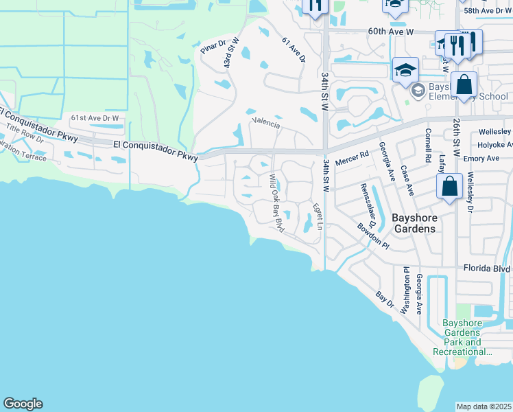 map of restaurants, bars, coffee shops, grocery stores, and more near 6501 Mourning Dove Drive in Bradenton