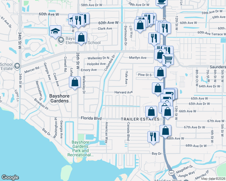 map of restaurants, bars, coffee shops, grocery stores, and more near 2007 Harvard Avenue in Bradenton