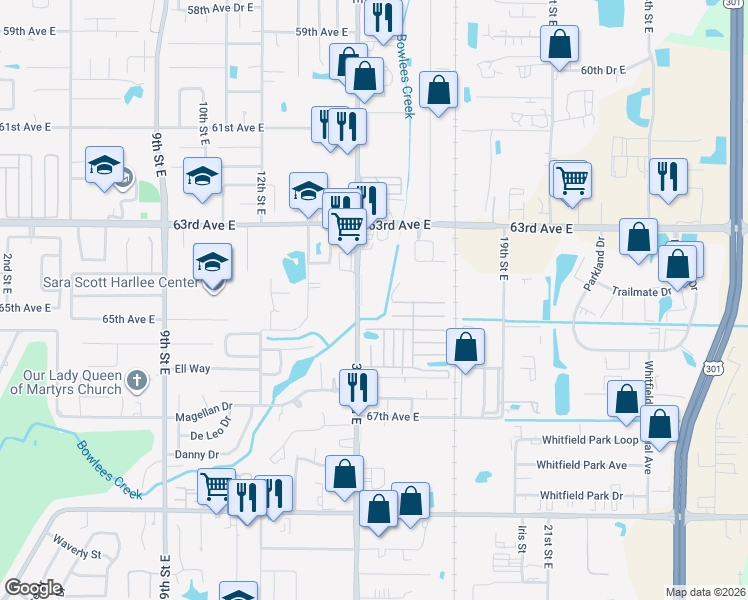 map of restaurants, bars, coffee shops, grocery stores, and more near 6301-6447 301 Blvd E in Sarasota