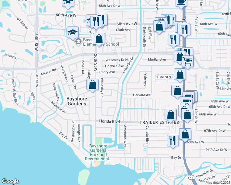 map of restaurants, bars, coffee shops, grocery stores, and more near 2301 Georgetown Road in Bradenton