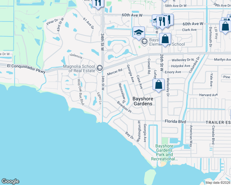 map of restaurants, bars, coffee shops, grocery stores, and more near 6117 Bowdoin Place in Bradenton
