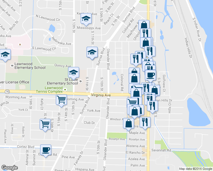 map of restaurants, bars, coffee shops, grocery stores, and more near 900 Virginia Avenue in Fort Pierce