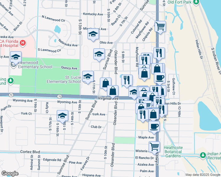 map of restaurants, bars, coffee shops, grocery stores, and more near 900 Virginia Avenue in Fort Pierce