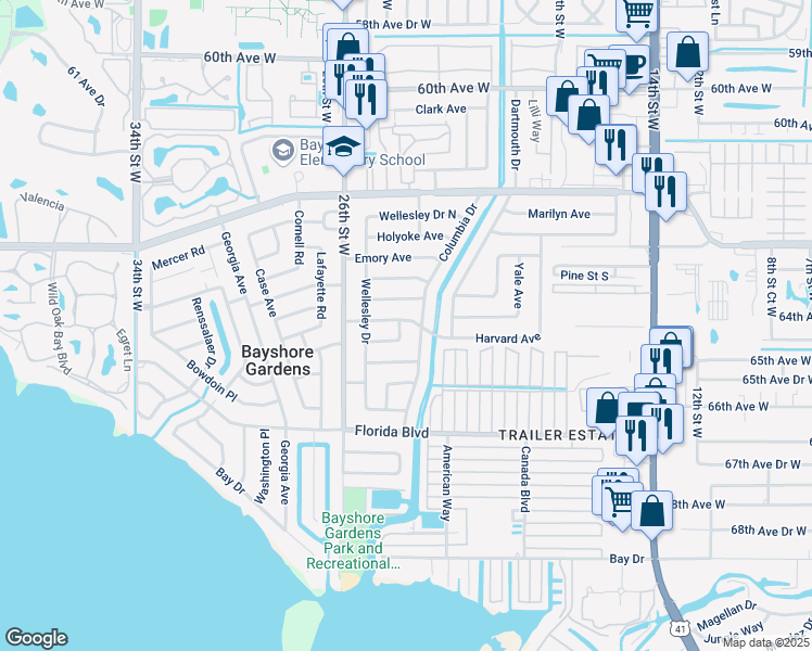 map of restaurants, bars, coffee shops, grocery stores, and more near 2301 Georgetown Road in Bradenton